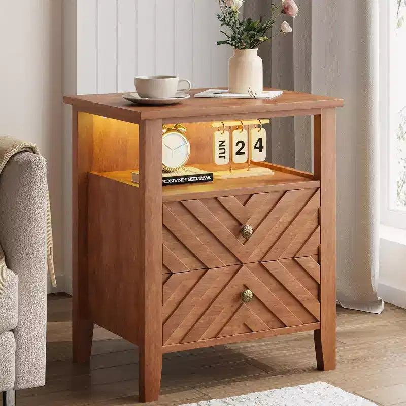 COZONY Farmhouse Nightstand with 2 Drawers, Rustic Bedside Table Open Shelf Wooden Legs for Bedroom Living Room Office,Not electrified.