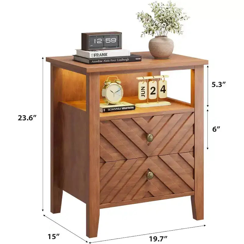 Table de chevet rustique avec 2 tiroirs, étagère ouverte et pieds en bois pour chambre, salon ou bureau, Non électrifiée.