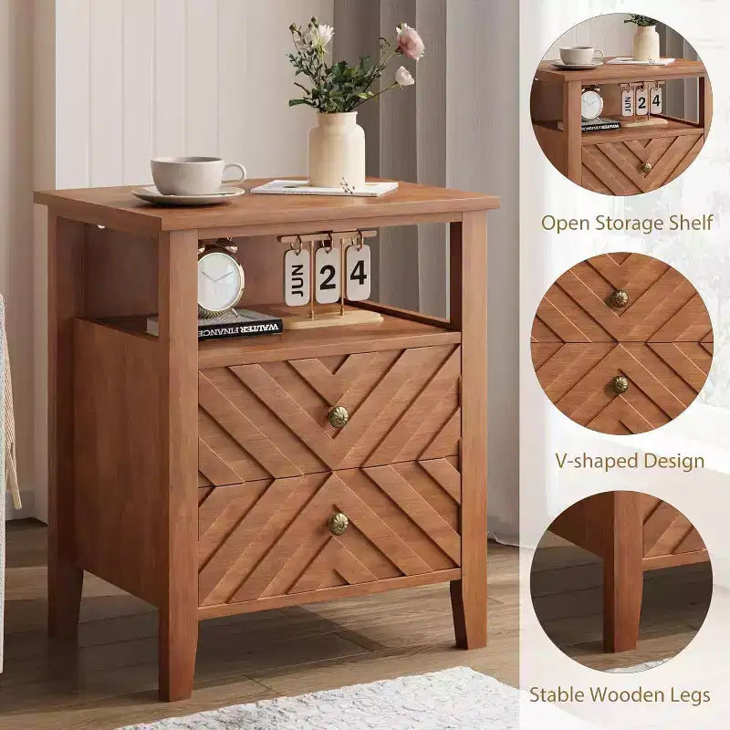 Table de chevet rustique avec 2 tiroirs, étagère ouverte et pieds en bois pour chambre, salon ou bureau, Non électrifiée.