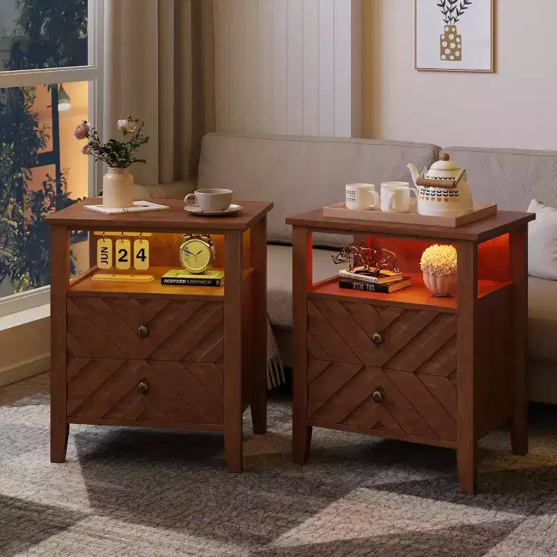 Table de chevet rustique avec 2 tiroirs, étagère ouverte et pieds en bois pour chambre, salon ou bureau, Non électrifiée.