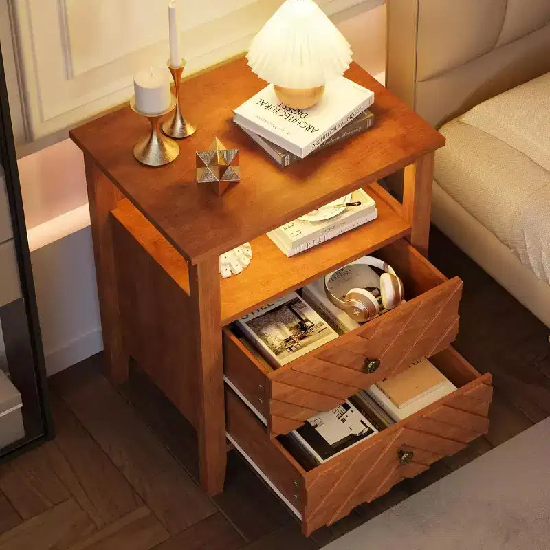 Table de chevet rustique avec 2 tiroirs, étagère ouverte et pieds en bois pour chambre, salon ou bureau, Non électrifiée.