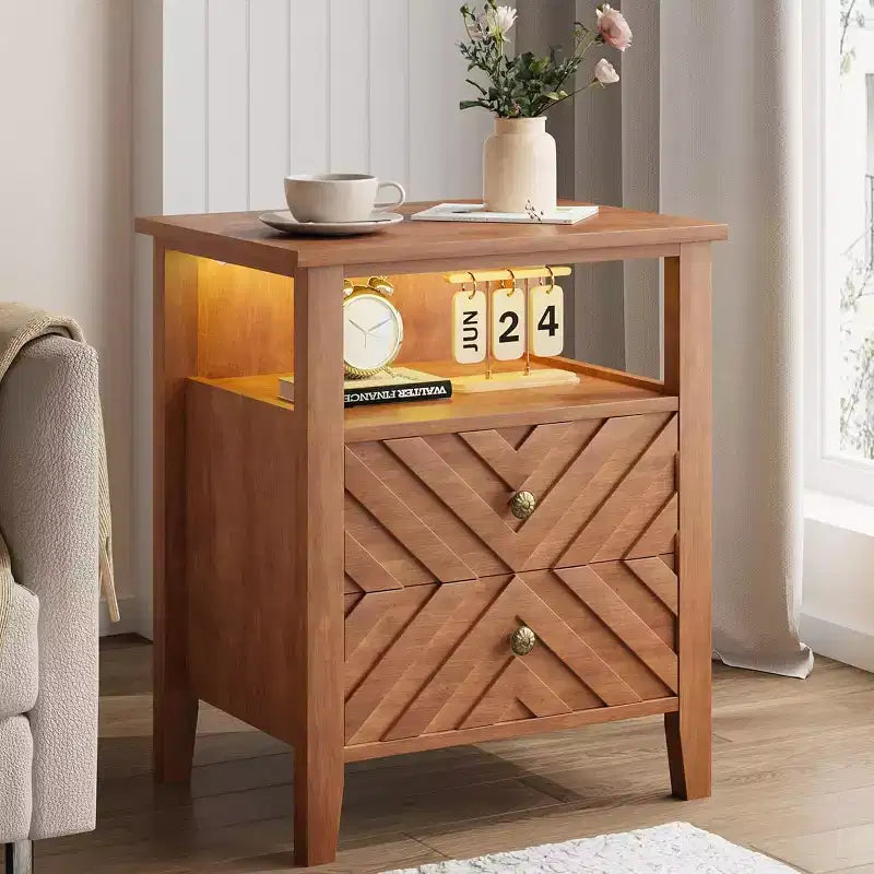 Table de chevet rustique avec 2 tiroirs, étagère ouverte et pieds en bois pour chambre, salon ou bureau, Non électrifiée.