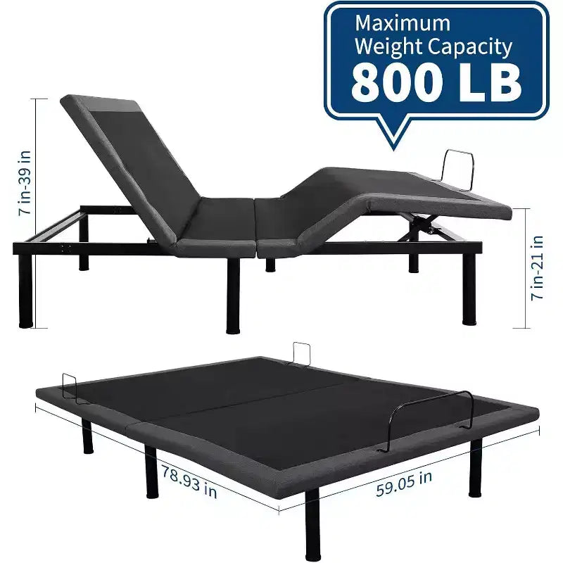 Sommier ergonomique avec télécommande sans fil, fonction massage tête et pieds inclinable anti-ronflement, non électrifié.