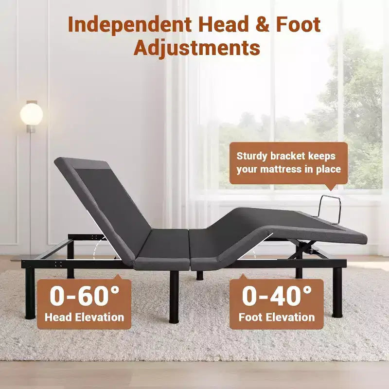 Sommier ergonomique avec télécommande sans fil, fonction massage tête et pieds inclinable anti-ronflement, non électrifié.