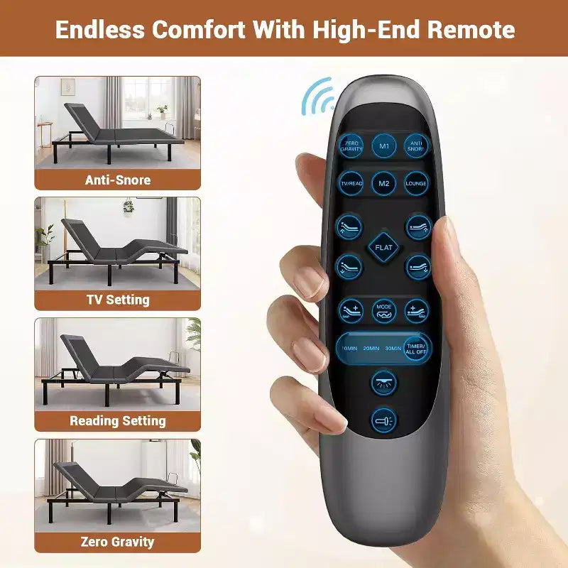 Sommier ergonomique avec télécommande sans fil, fonction massage tête et pieds inclinable anti-ronflement, non électrifié.