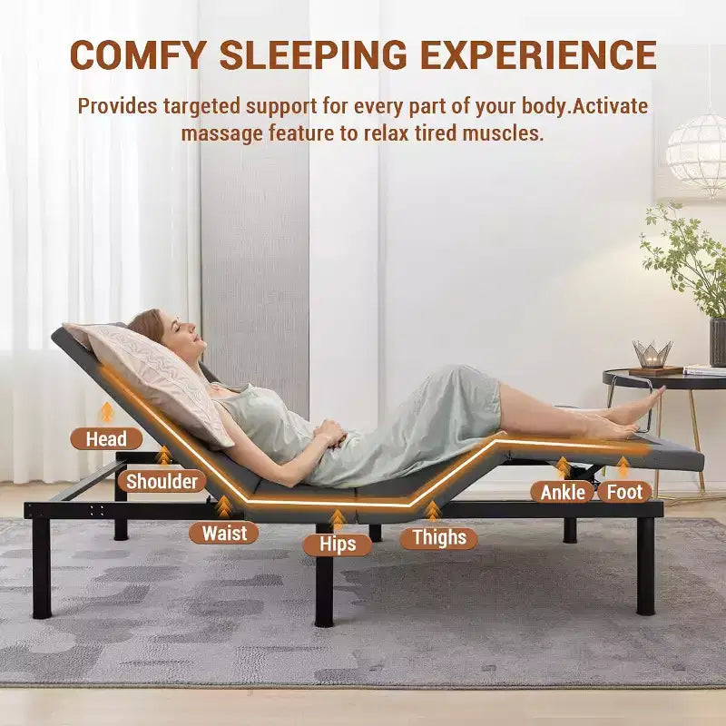 Sommier ergonomique avec télécommande sans fil, fonction massage tête et pieds inclinable anti-ronflement, non électrifié.