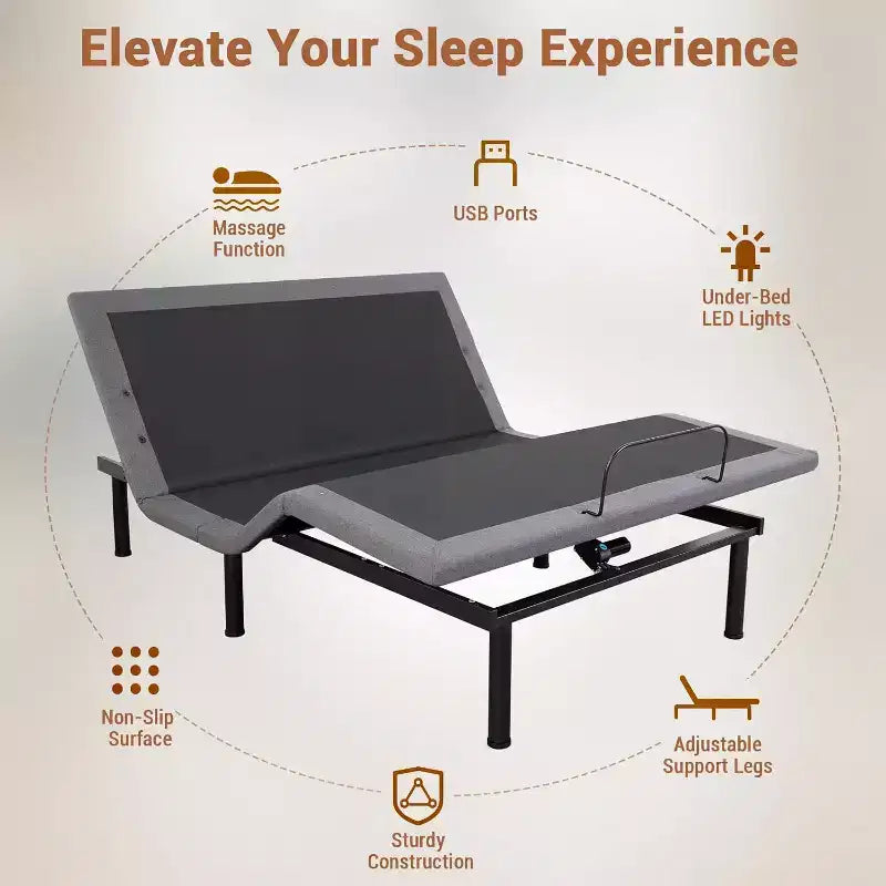 Sommier ergonomique avec télécommande sans fil, fonction massage tête et pieds inclinable anti-ronflement, non électrifié.