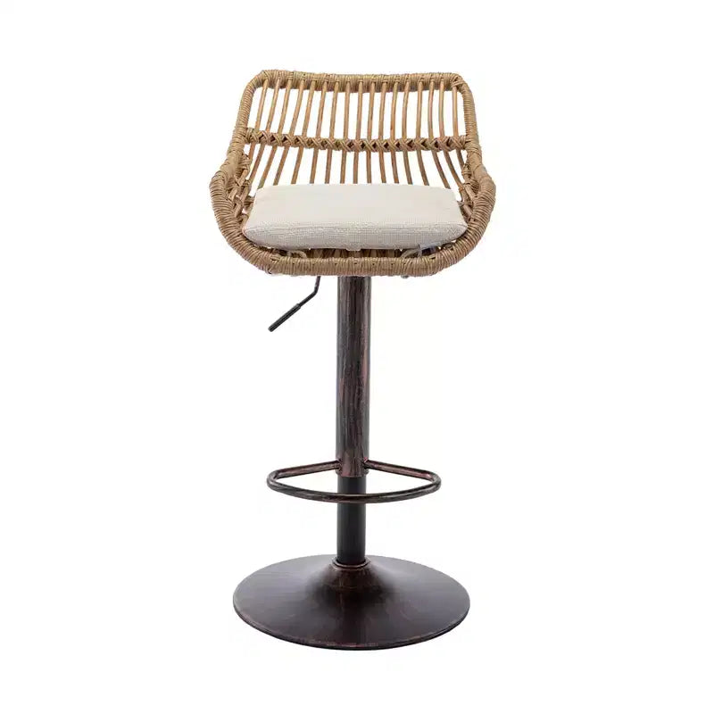 Swivel Rattan Bar Stools Set of 2 - Adjustable Height Metal Base Chairs for Kitchen and Dining Room in Beige