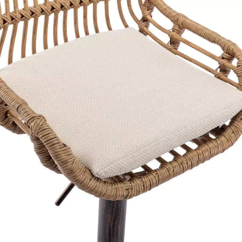 Swivel Rattan Bar Stools Set of 2 - Adjustable Height Metal Base Chairs for Kitchen and Dining Room in Beige