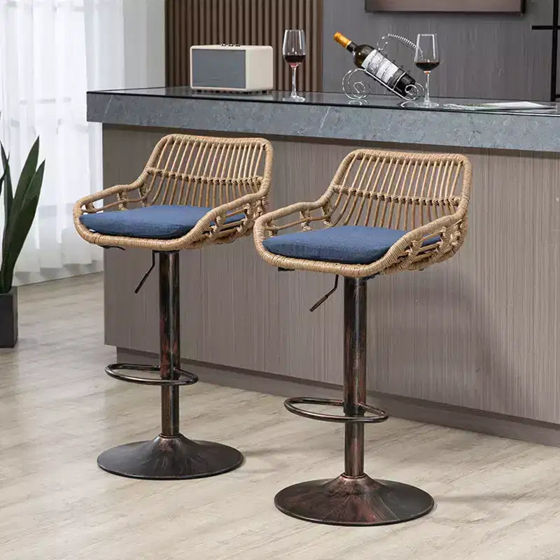 Swivel Rattan Bar Stools Set of 2 - Adjustable Height Metal Base Chairs for Kitchen and Dining Room in Beige