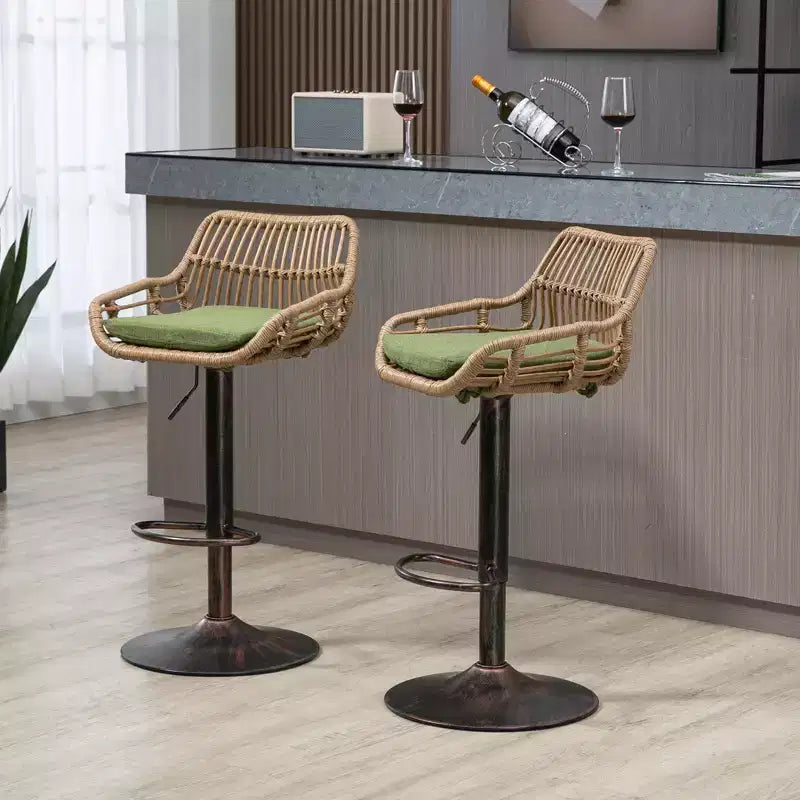 Swivel Rattan Bar Stools Set of 2 - Adjustable Height Metal Base Chairs for Kitchen and Dining Room in Beige