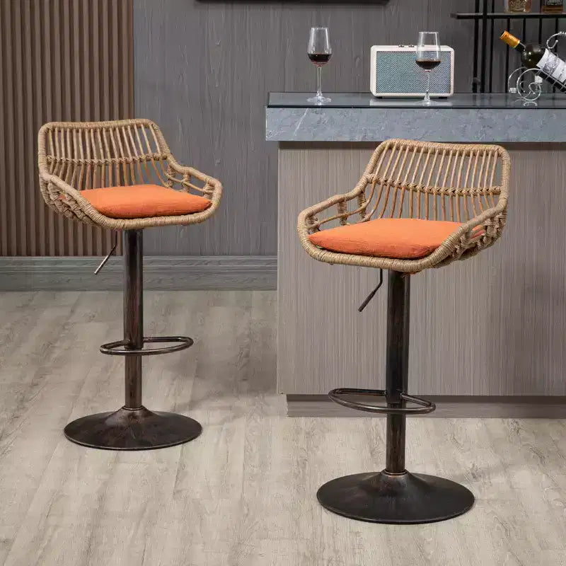 Swivel Rattan Bar Stools Set of 2 - Adjustable Height Metal Base Chairs for Kitchen and Dining Room in Beige