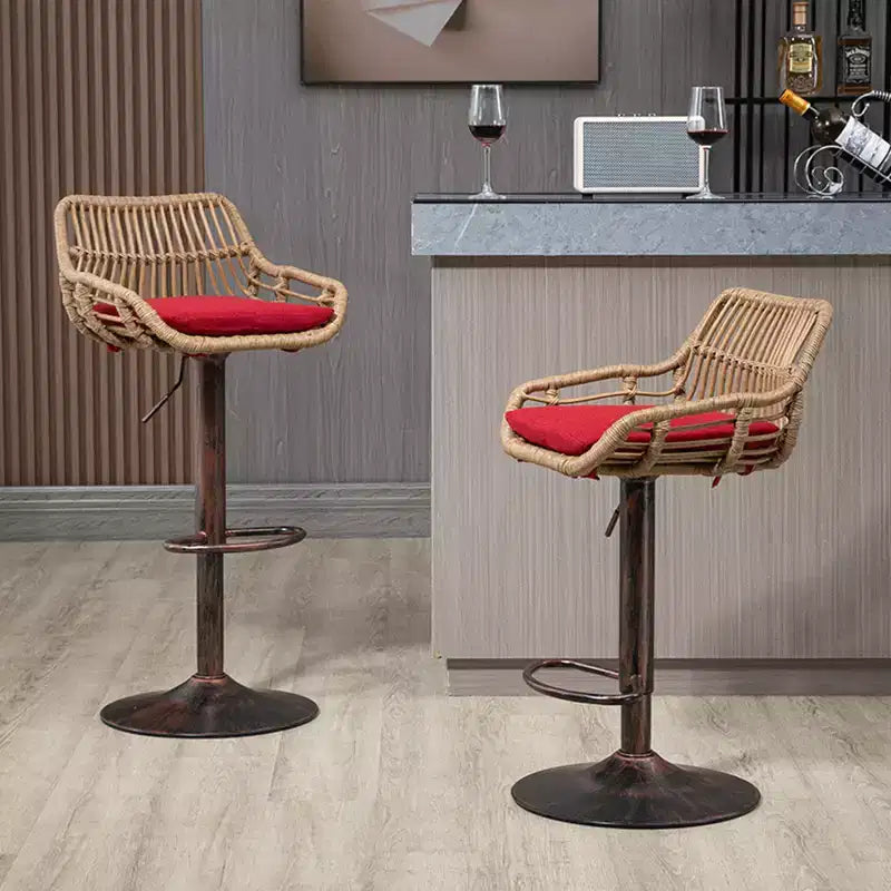 Swivel Rattan Bar Stools Set of 2 - Adjustable Height Metal Base Chairs for Kitchen and Dining Room in Beige