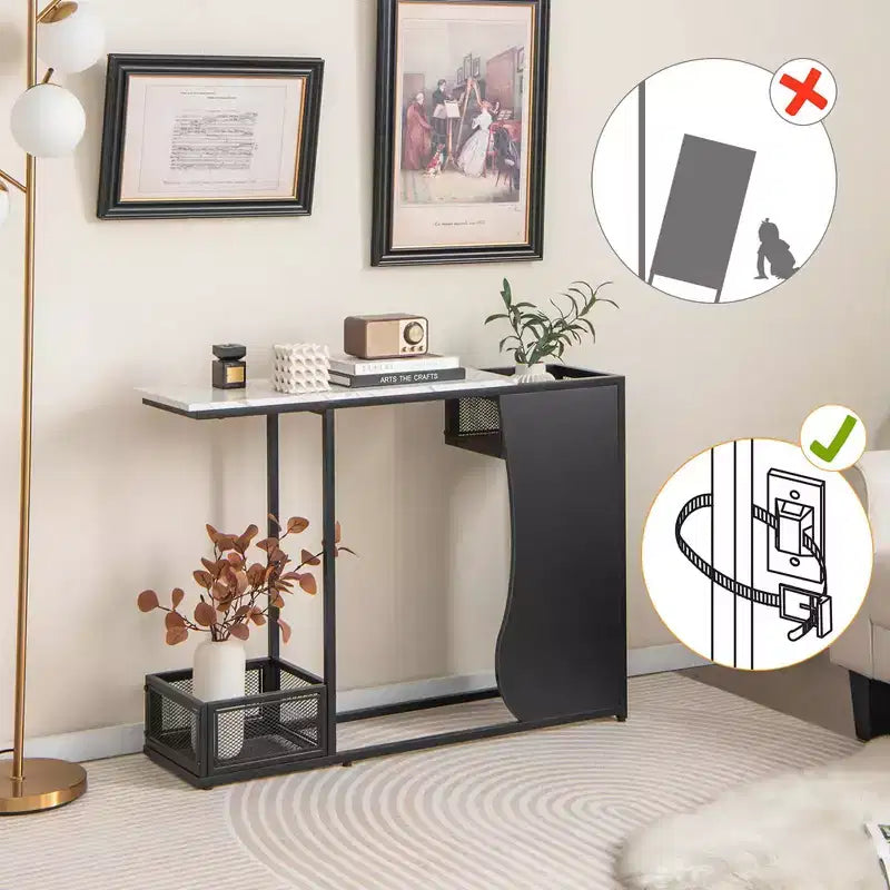 Table console de 110,5 cm avec plateau en faux marbre et 2 compartiments de rangement pour entrée/couloir